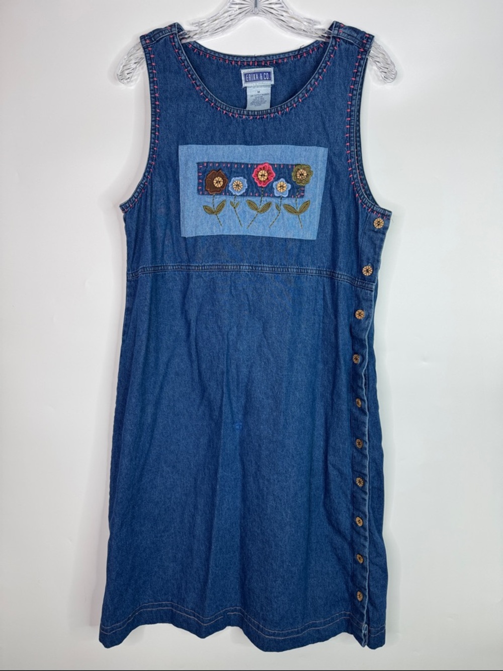 Vintage Erika & Co Denim Floral Embroidered Jumper Dress Size Medium